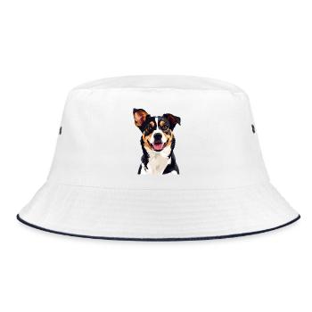 Fröhlicher Tricolor Hund lächelnder lustiger Hund - Bucket Hat - Weiß/Navy - Vorne