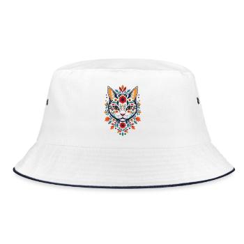 Flower cat in folk style - Bucket Hat - white/navy - Front