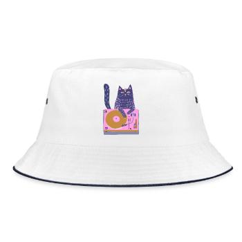Purple DJ Cat on Pink Turntable - Bucket Hat - white/navy - Front