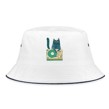 Cat DJ on Turntable - Bucket Hat - white/navy - Front