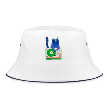 Blue Cat DJ on Whimsical Turntable - Bucket Hat - white/navy - Front