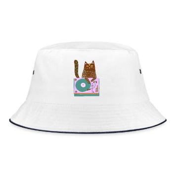 Cat DJ on Retro Turntable - Bucket Hat - white/navy - Front