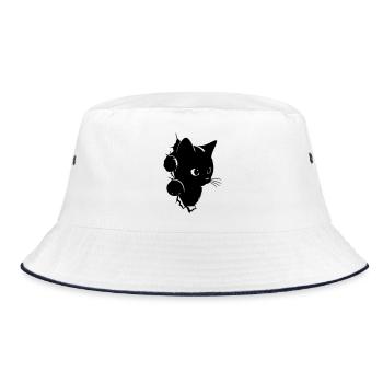 Neugieriges Schwarzes Kätzchen spioniert | T-Shirt Kawaii - Bucket Hat - Weiß/Navy - Vorne