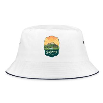 Salzburger Festung Retro Sonnenuntergangsabzeichen - Bucket Hat - Weiß/Navy - Vorne