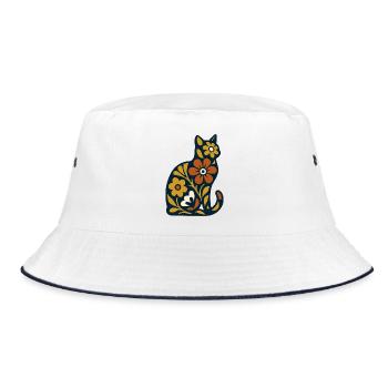 Blossom Cat Folk Art Pattern - Bucket Hat - white/navy - Front