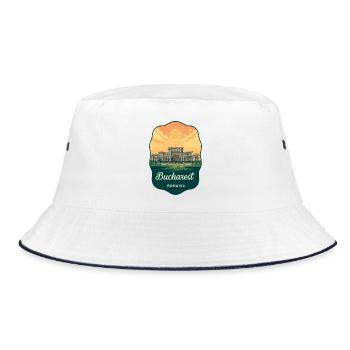 Bukarester Parlament Vintage Sunset Badge - Bucket Hat - Weiß/Navy - Vorne