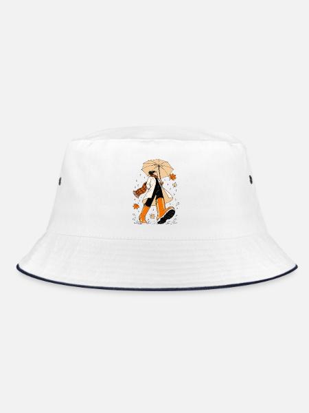 Frau im Regen mit Regenschirm – Herbst Spaziergang - Bucket Hat - Weiß/Navy