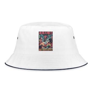 Neon-Tokyo Cyber-Samurai - Bucket Hat - Weiß/Navy - Vorne