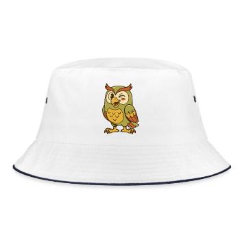 Süße Cartoon-Eule zwinkert mit einem glücklichen Gesichtsausdruck - Bucket Hat - Weiß/Navy - Vorne