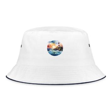 Majestätischer Leuchtturm bei Sonnenuntergang mit tosenden Wellen - Bucket Hat - Weiß/Navy - Vorne
