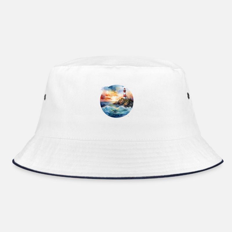 Majestic Lighthouse at Sunset with Crashing Waves Bucket Hat