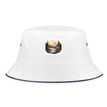 Serene Mountain Landscape with Flowing River Art - Bucket Hat - white/navy - Front
