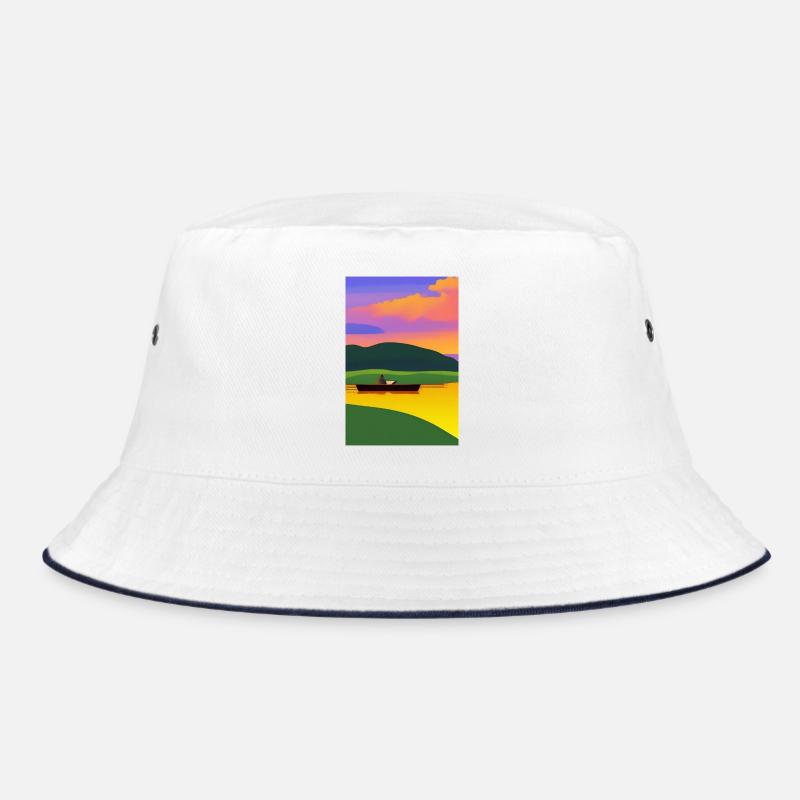 Landschaft mit See, Boot und Berge Bucket Hat