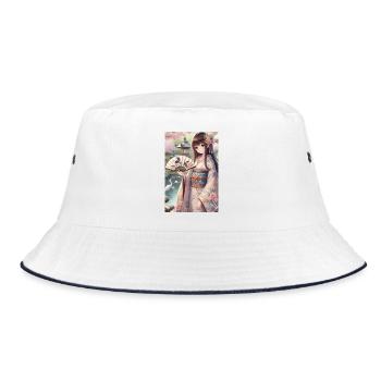 Elegant Japanese Serenity: Kimono, Cherry Blossoms - Bucket Hat - white/navy - Front