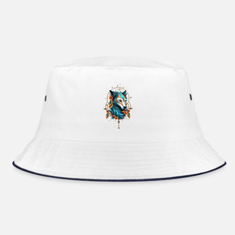 Stylized wolf with bright blue and gold fur Bucket Hat