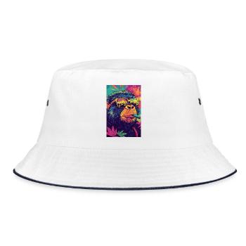 Psychedelischer Affe mit Sonnenbrille - Bucket Hat - Weiß/Navy - Vorne