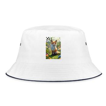 Frecher süßer Fuchs auf einer Wiese mit Blumen - Bucket Hat - Weiß/Navy - Vorne