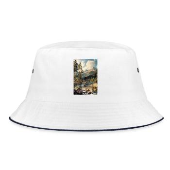 Berglandschaft Illustration Poster - Bucket Hat - Weiß/Navy - Vorne