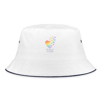 Be Proud to Be You – Regenbogen-Herz mit Message - Bucket Hat - Weiß/Navy - Vorne