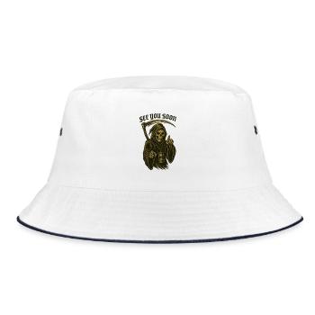 Old School Mäher – BIS BALD - Bucket Hat - Weiß/Navy - Vorne