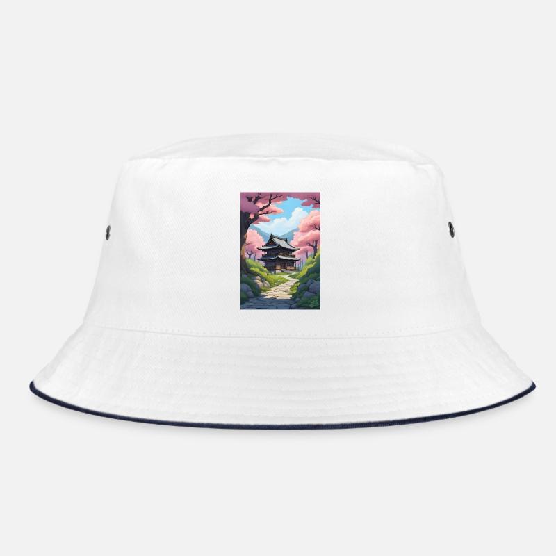 Japanischer Tempel zwischen Kirschblüten Bucket Hat