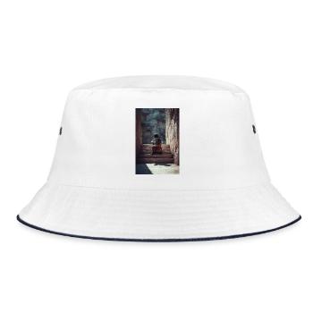 Astronaut Playing Cello on Ancient Stairs - Bucket Hat - white/navy - Front
