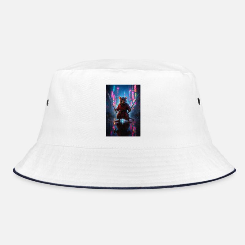 Rat Ninja with Katanas in a Neon Cityscape Bucket Hat