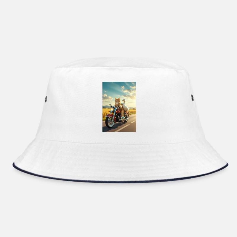 Katze und Gans auf einem Motorrad - Bucket Hat - Weiß/Navy