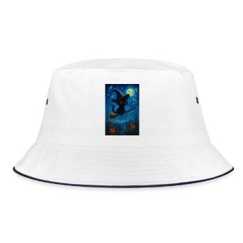 Black cat with witch's broom - Bucket Hat - white/navy - Front