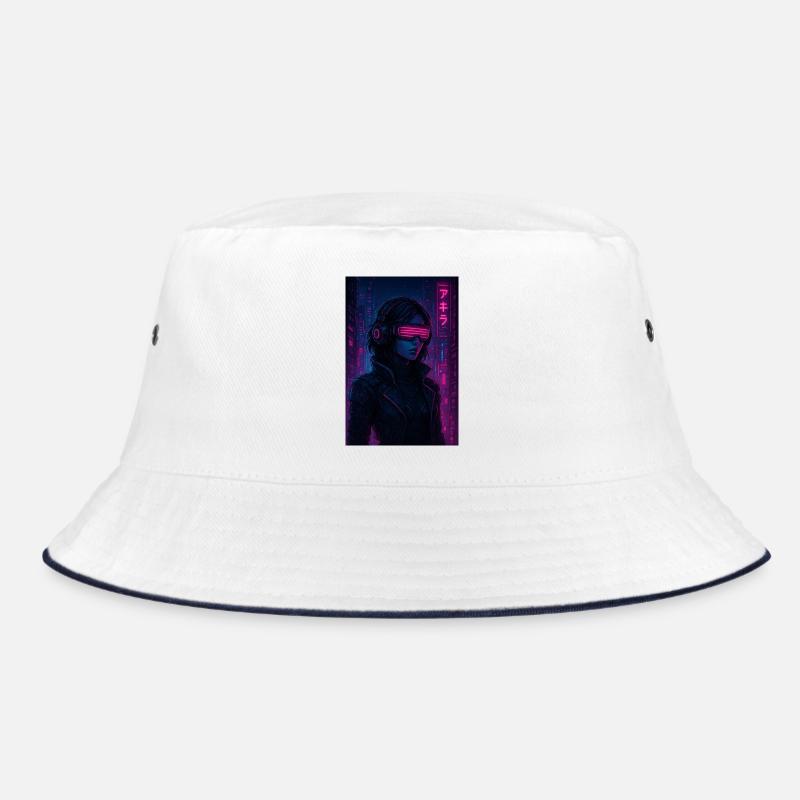 Cyberpunk Neon Pilot - Bucket Hat - Weiß/Navy