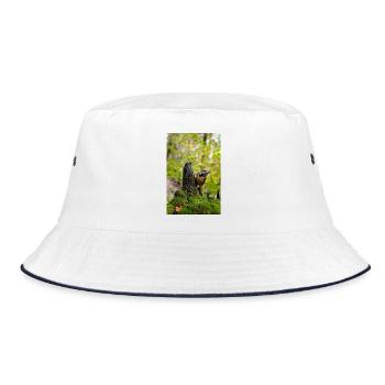 Forest Woodpecker on Mossy Stump - Bucket Hat - white/navy - Front