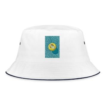 Sonnenbeschienene Katze auf gelbem Poolschwimmer - Bucket Hat - Weiß/Navy - Vorne