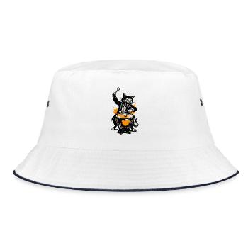 Katzenband Trommelheld im Comicstil - Bucket Hat - Weiß/Navy - Vorne