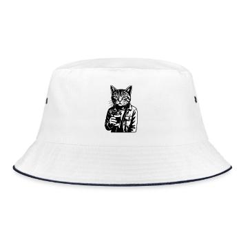 Katzenbarista mit ToGo Kaffee - Bucket Hat - Weiß/Navy - Vorne