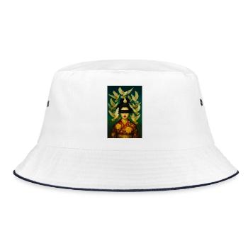 Geisha mit Tauben-Halo - Bucket Hat - Weiß/Navy - Vorne