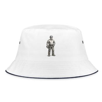 Grob skizzierter Bauarbeiter mit Hammer - Bucket Hat - Weiß/Navy - Vorne