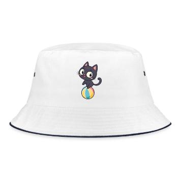 Schwarzes Kätzchen auf einer farbigen Kugel - Bucket Hat - Weiß/Navy - Vorne