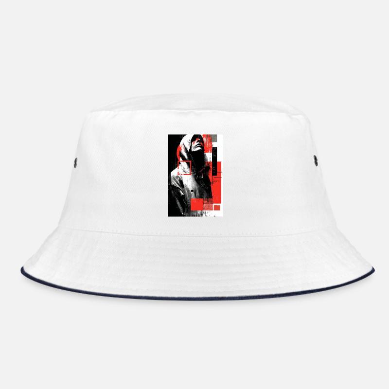Glitch face in red gloss - Bucket Hat - white/navy