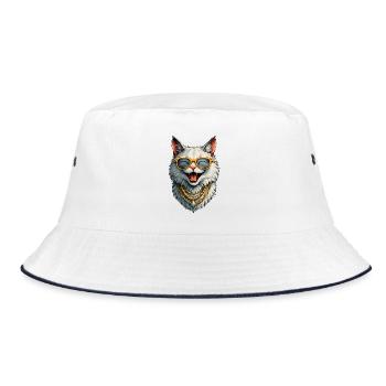 Happy Lady Cat - Sunglasses &amp; Gold Chains - Bucket Hat - white/navy - Front