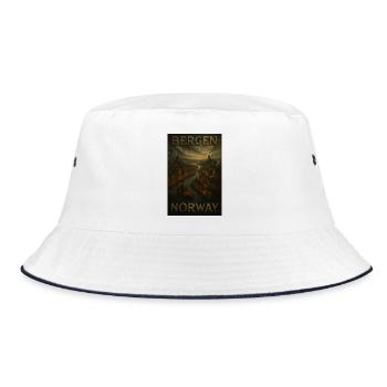 Bergen Norwegen – Steampunk Reiseposter Fjord - Bucket Hat - Weiß/Navy - Vorne