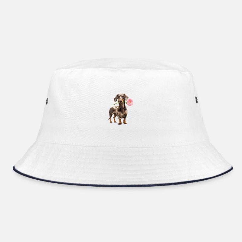 Dackel mit Blume – Blütenliebe - Bucket Hat - Weiß/Navy