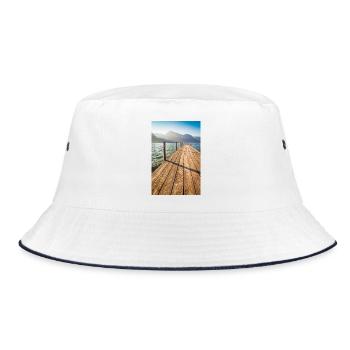Wooden jetty at the mountain lake in the sunlight - Bucket Hat - white/navy - Front