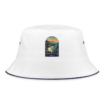 Erkunden Sie Sayulita Mexiko – Reisekunst - Bucket Hat - Weiß/Navy - Vorne