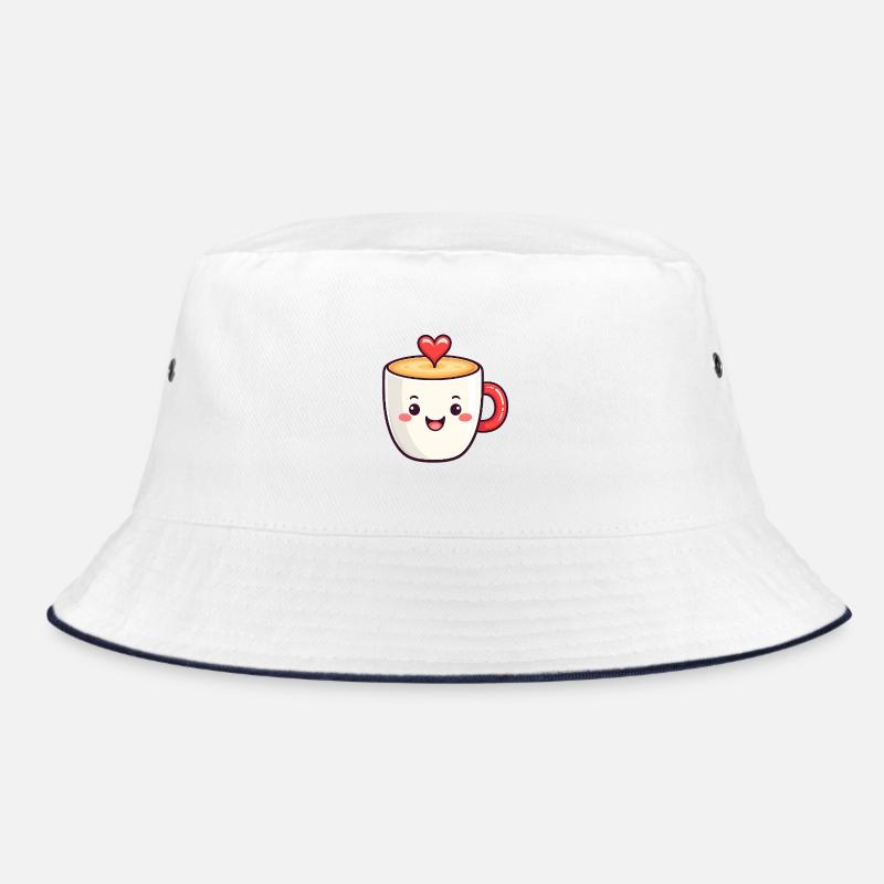Kawaii Herzkaffee Becher - Bucket Hat - Weiß/Navy