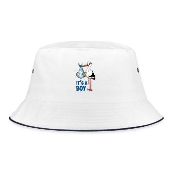 Storch mit dem kleinen Jungen; "Es ist ein Junge" - Bucket Hat - Weiß/Navy - Vorne