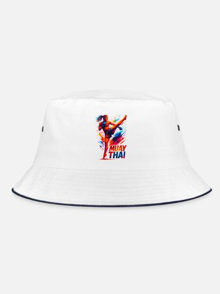 Muay Thai Kick: Abstract Boxer Graphic Gift - Bucket Hat - white/navy - Front