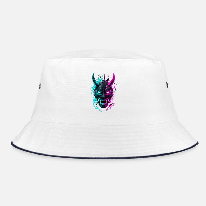 Neon Cyber Oni Mask - Bucket Hat - white/navy