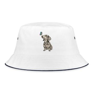 Dackel mit Schmetterling Motiv Hundefans Vintage - Bucket Hat - Weiß/Navy - Vorne