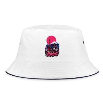 Tokyo Neon-Skyline mit pinker Sonne - Bucket Hat - Weiß/Navy - Vorne