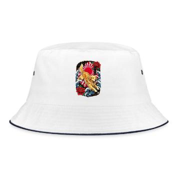 Golden Retriever im Japan Tattoo Stil - Bucket Hat - Weiß/Navy - Vorne